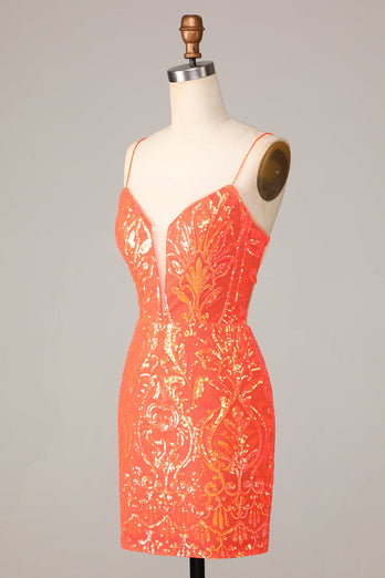 Sparkle 'til Dawn Bodycon Spaghettiträger Orange Pailletten Kurzes Cocktailkleid