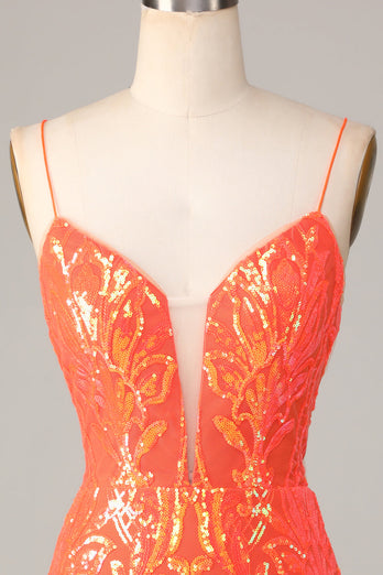 Sparkle 'til Dawn Bodycon Spaghettiträger Orange Pailletten Kurzes Cocktailkleid