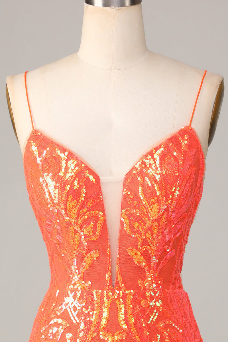 Laden Sie das Bild in den Galerie-Viewer, Sparkle &#39;til Dawn Bodycon Spaghettiträger Orange Pailletten Kurzes Cocktailkleid