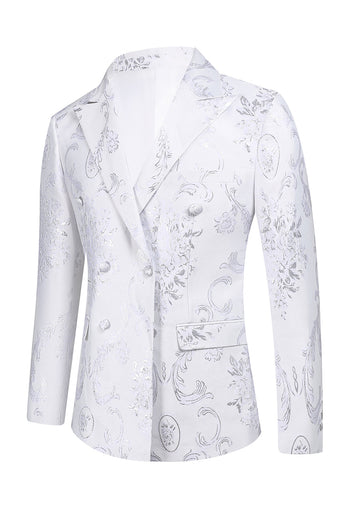 Weiß Floral Zweireihe Jacquard Spitzenrevers Männer Ballanzug