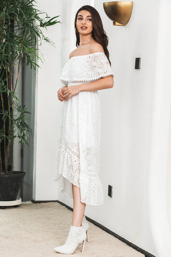 Weißes High-Low-Hollow-Boho-Standesamtkleider