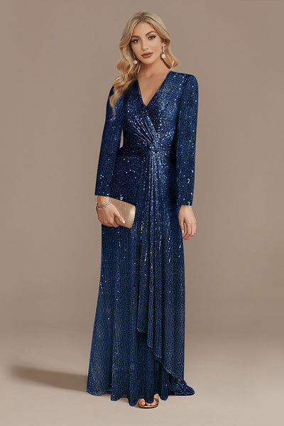 Glitzerndes marineblaues Brautmutterkleid mit langen Ärmeln