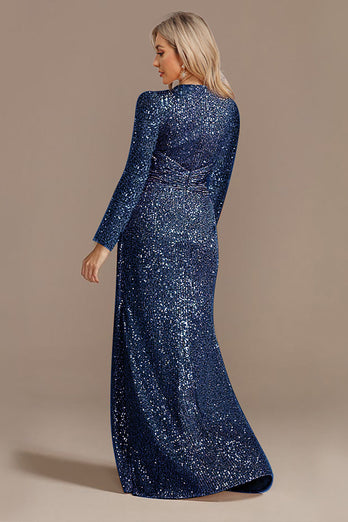 Glitzerndes marineblaues Brautmutterkleid mit langen Ärmeln