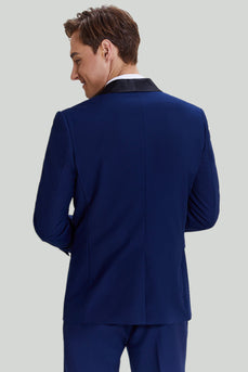 Slim Fit Marineblaue Schal Revers 3-Teiliger Abendanzug mit einem Knopf