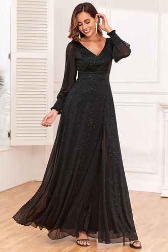 Glitzer A-Linie Langarm Schwarzes Brautmutterkleid mit Schlitz