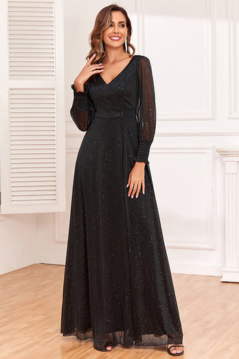 Glitzer A-Linie Langarm Schwarzes Brautmutterkleid mit Schlitz