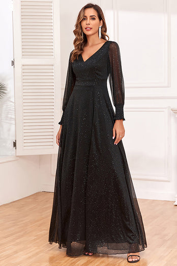 Glitzer A-Linie Langarm Schwarzes Brautmutterkleid mit Schlitz