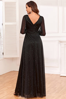 Glitzer A-Linie Langarm Schwarzes Brautmutterkleid mit Schlitz