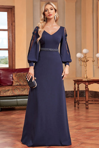 Marineblaues Mutter-der-Braut-Kleid mit langen Ärmeln in A-Linie und Perlen