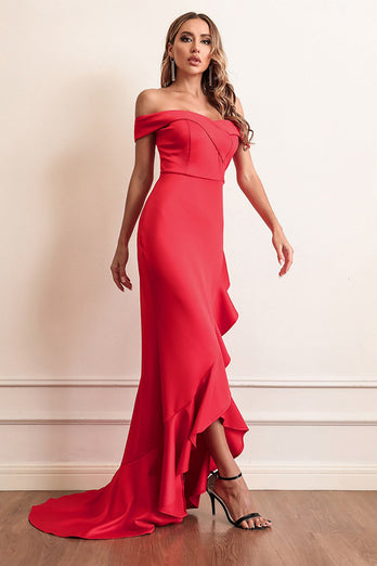 Rotes Schulterfreies Lange Ballkleid mit Rüschen