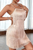 Laden Sie das Bild in den Galerie-Viewer, Blush Spaghetti Straps Kurzes Cocktail Party Kleid mit Fransen