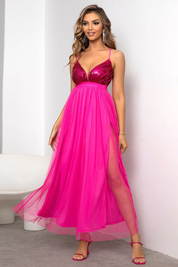 Fuchsia A-Linie V-Ausschnitt Langes Ballkleid mit Schlitz