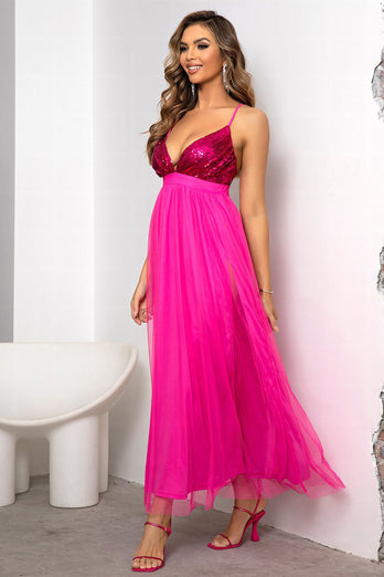 Fuchsia A-Linie V-Ausschnitt Langes Ballkleid mit Schlitz