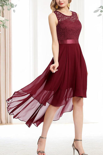 Rote Boot Ausschnitt Chiffon Asymmetrisch Cocktailkeider mit Schärpe