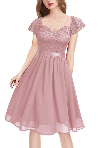 Rosa V-Ausschnitt Chiffon Cocktailkleider mit Spitze