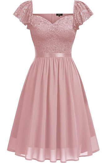 Rosa V-Ausschnitt Chiffon Cocktailkleider mit Spitze