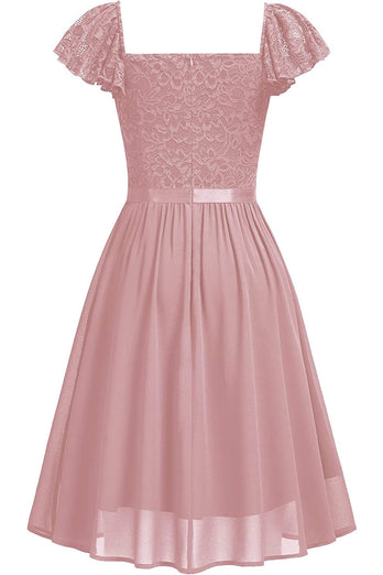 Rosa V-Ausschnitt Chiffon Cocktailkleider mit Spitze