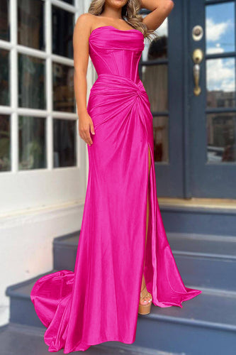 Fuchsia Meerjungfrau Gerafftes Korsett Abendkleid Mit Schlitz