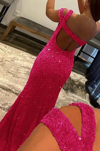 Fuchsia Meerjungfrau Ein-Schulter Pailletten Abendkleid mit Schlitz