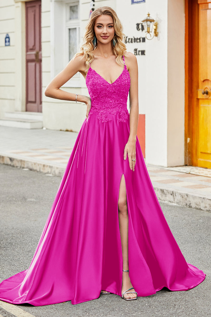 Laden Sie das Bild in den Galerie-Viewer, Fuchsia A-Linie Spaghettiträger Abendkleid mit Applikationen