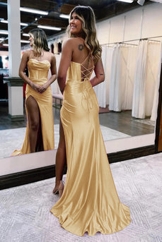 Meerjungfrau Gold Spaghettiträger Korsett Lang Abendkleid mit Schlitz