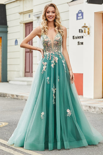 Glitzergrünes Spaghettiträger-Kleid in A-Linie Langes Ballkleid mit funkelnden Paillettenapplikationen