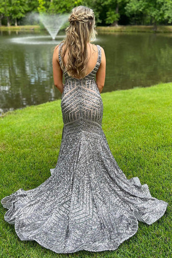 Glitzerndes Orange V-Ausschnitt Meerjungfrau Abendkleid mit Pailletten