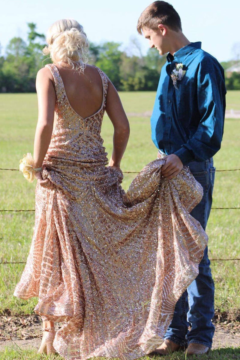 Laden Sie das Bild in den Galerie-Viewer, Glitzerndes Orange V-Ausschnitt Meerjungfrau Abendkleid mit Pailletten