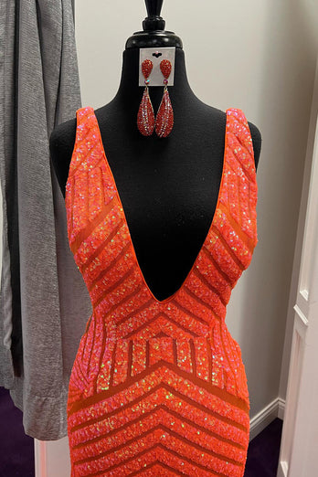 Glitzerndes Orange V-Ausschnitt Meerjungfrau Abendkleid mit Pailletten