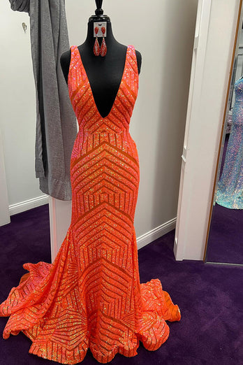 Glitzerndes Orange V-Ausschnitt Meerjungfrau Abendkleid mit Pailletten