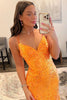 Laden Sie das Bild in den Galerie-Viewer, Funkelndes Oranges Spaghettiträger Pailletten Abendkleid mit Schlitz