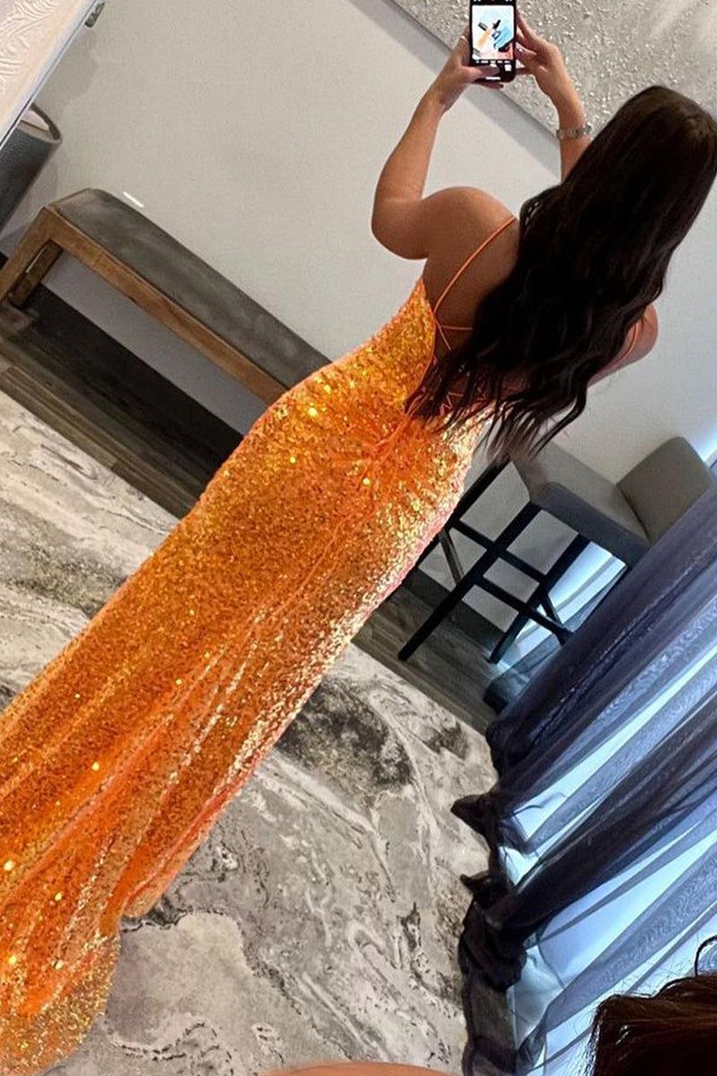 Laden Sie das Bild in den Galerie-Viewer, Funkelndes Oranges Spaghettiträger Pailletten Abendkleid mit Schlitz