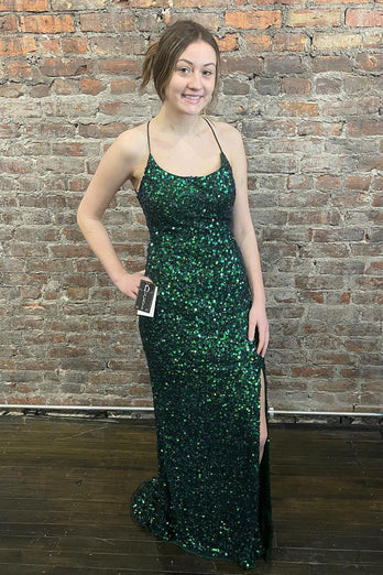 Glitzerndes Königsblaues Rückenfreies Pailletten Abendkleid mit Schlitz