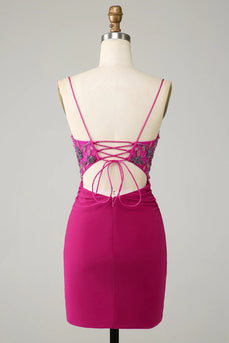 Stilvolles figurbetontes Spaghettiträger-Fuchsia-Kurzes Cocktailkleid mit Perlen