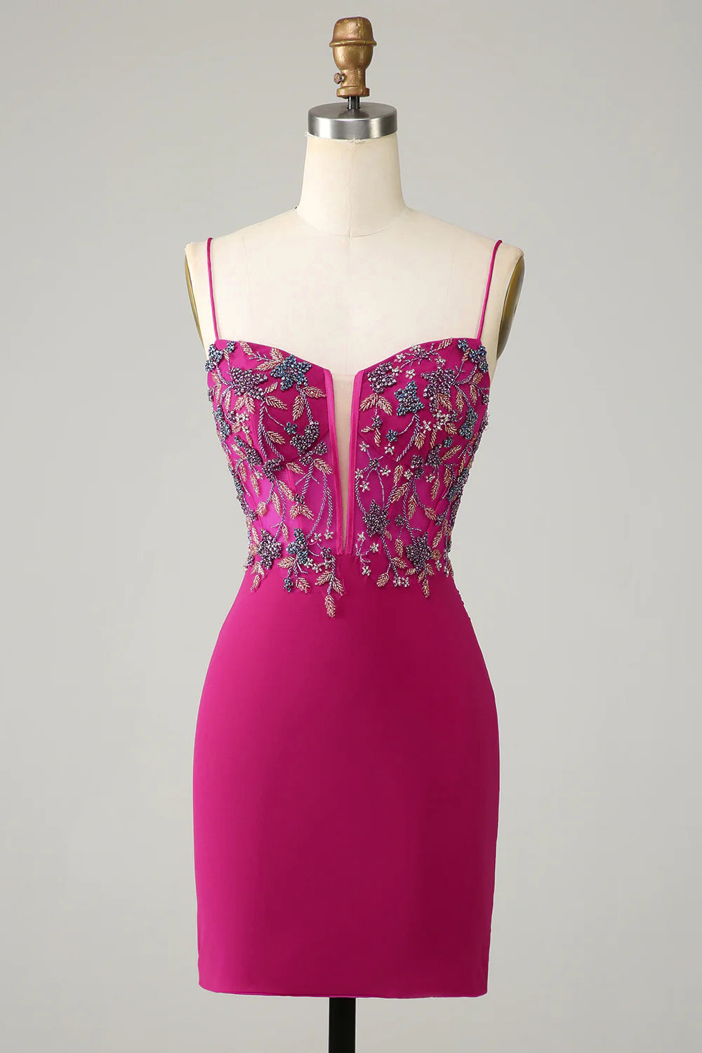 Stilvolles figurbetontes Spaghettiträger-Fuchsia-Kurzes Cocktailkleid mit Perlen