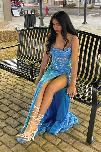 Blaues Spaghettiträger Glitzerndes Korsett Ballkleid mit Schlitz