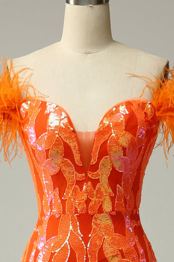 Glitzerndes Orange Langes Meerjungfrau Ballkleid mit Federn