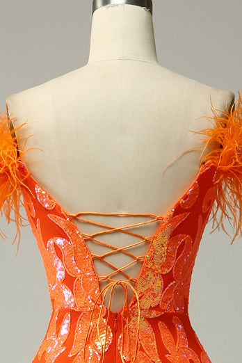 Glitzerndes Orange Langes Meerjungfrau Ballkleid mit Federn