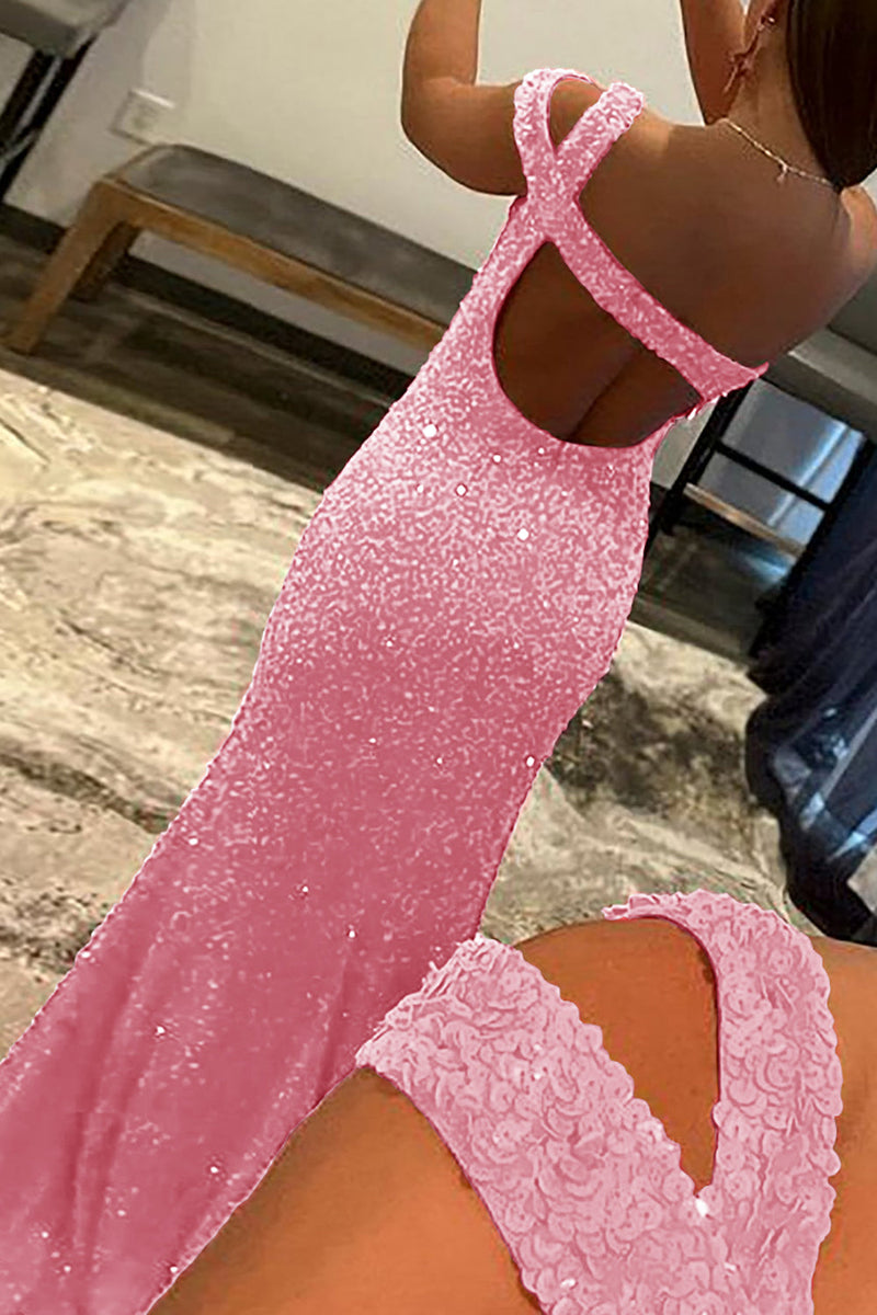 Laden Sie das Bild in den Galerie-Viewer, Fuchsia Ein-Schulter Pailletten Abendkleid mit Schlitz