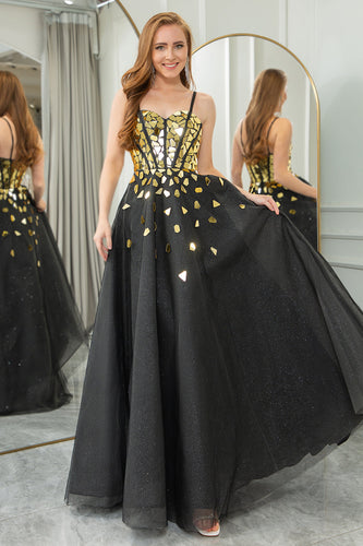 Schwarzes goldenes Pailletten-A-Line-Langkorsett-Spiegel-Ballkleid