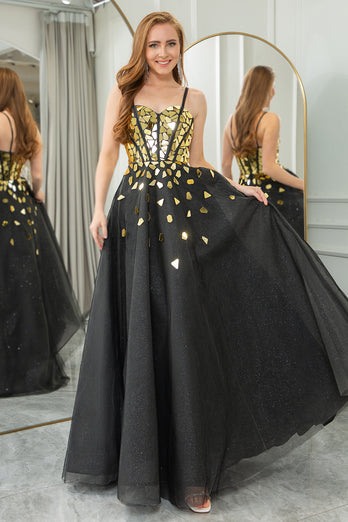 Schwarzes goldenes Pailletten-A-Line-Langkorsett-Spiegel-Ballkleid