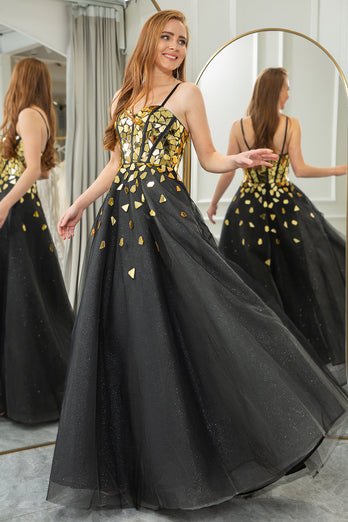 Schwarzes goldenes Pailletten-A-Line-Langkorsett-Spiegel-Ballkleid