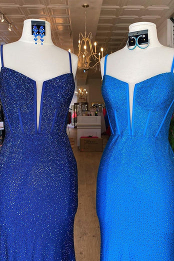 Glitzernde Blaue Meerjungfrau Korsett Pailletten Lange Ballkleid