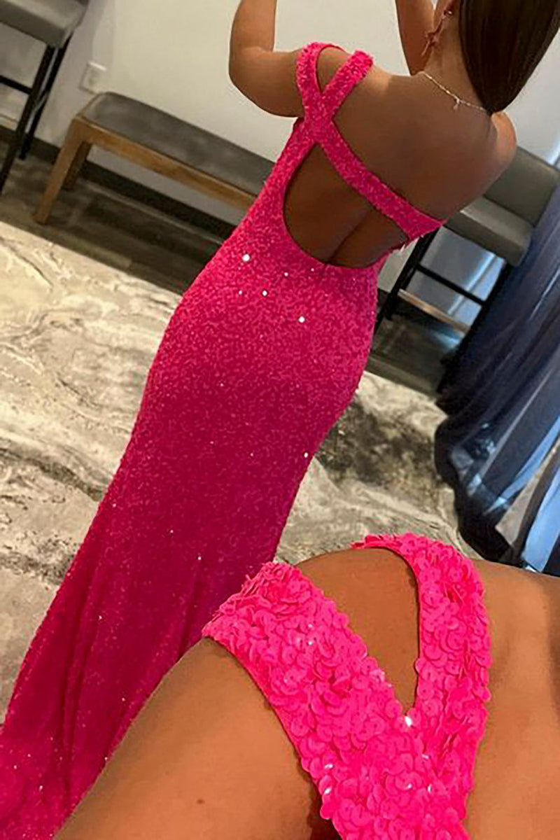 Laden Sie das Bild in den Galerie-Viewer, Fuchsia Ein-Schulter Pailletten Abendkleid mit Schlitz