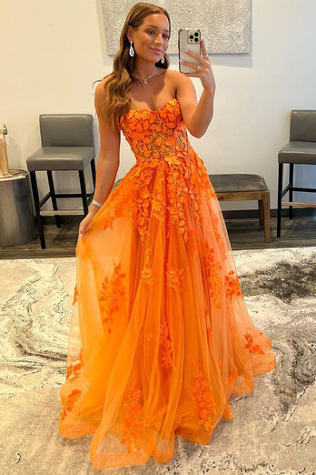 Orangenes Schatz langes Abendkleid mit Applikationen