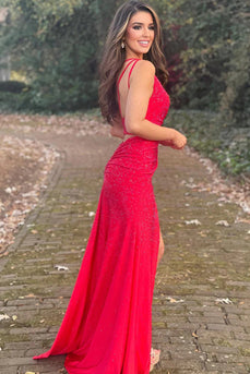 Etui-langes Rotes Abendkleid mit einer Schulter und Perlen