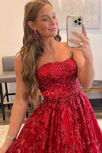 Glitzerndes Rotes Langes Ballkleid mit Taschen und Spitze