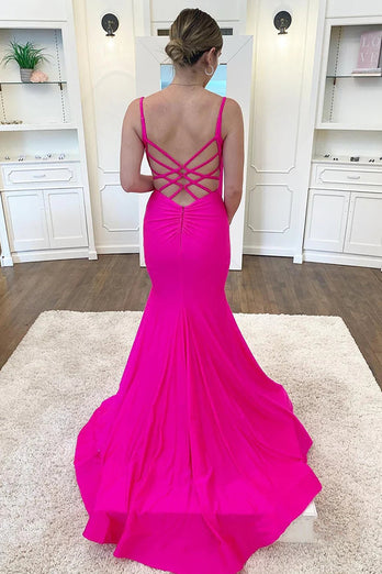 Fuchsia Spaghettiträger Meerjungfrau langes Abendkleid mit Kreuzrücken