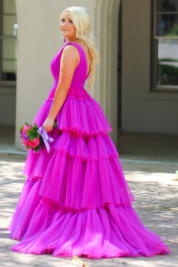 A Linie Heißes Rosa gestuftes Tüll Abendkleid