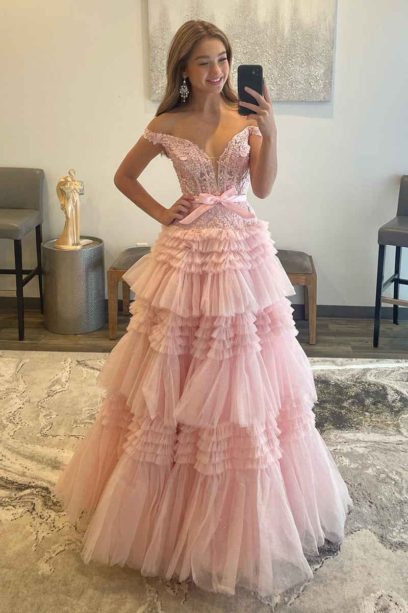 Laden Sie das Bild in den Galerie-Viewer, Schulterfreies A-Linie Hellrosa Langes Ballkleid im Prinzessin-Stil mit Rüschen